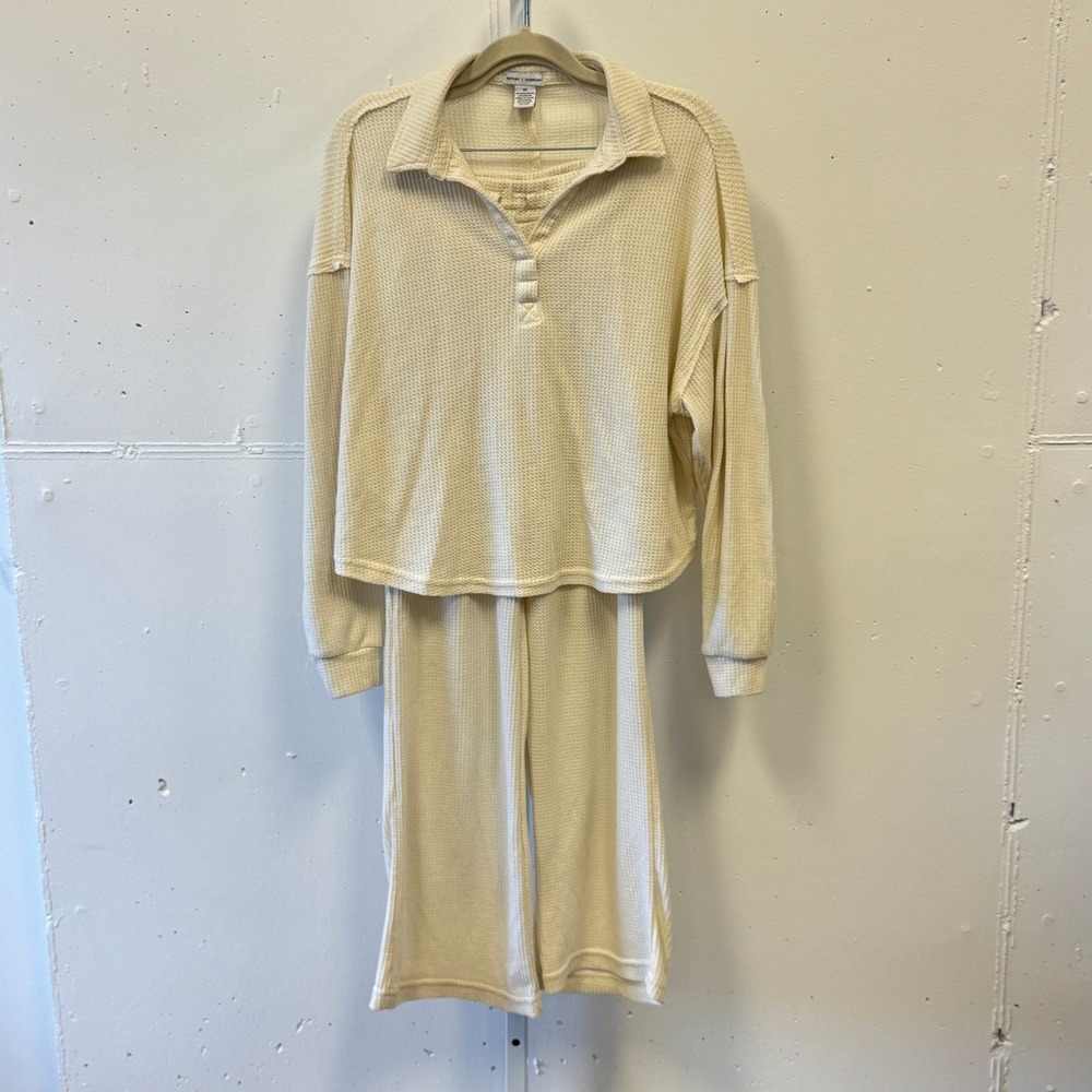 Better Together Cream Waffle Knit Lounge Pajama Set Henley Top Wide Leg Pants XS